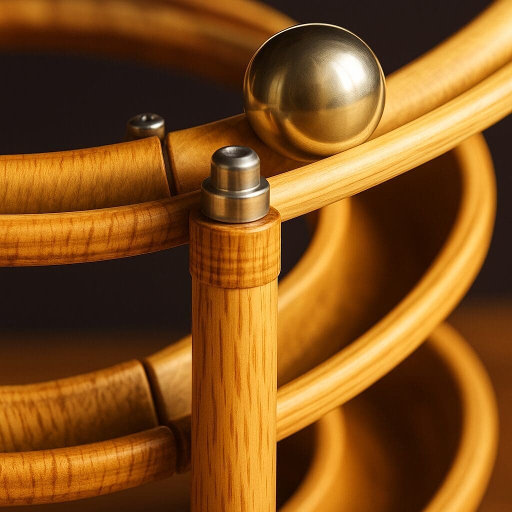 Zoom in image of perpatual motion kinetic roller coaster toy with metal ball travelling on rails.
