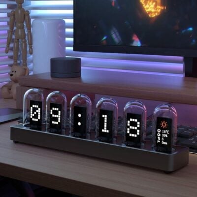IPS LED tubes on a working table with analog digits displaying time and weather and