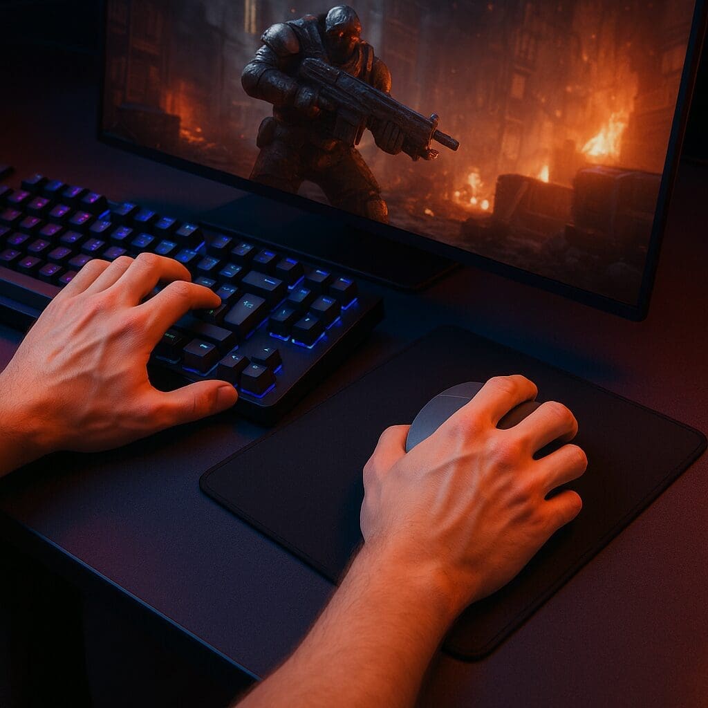 Person is playing game in a desk whith extensive mouse pad