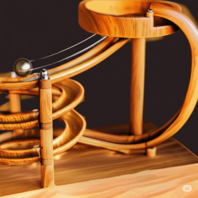 Perpatual motion kinetic roller coaster toy closeup and illustrating motion on metal ball