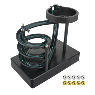 Black colour perpatual motion Kinetic roller coaster toy machine illustrated with golden and silver balls