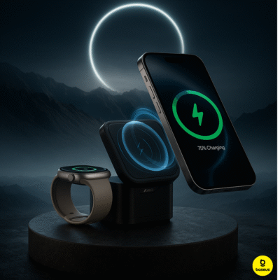 Illustration of baseus 3 in 1 charging station on manipulated background and iphone reflecting magnetic charging and smart watch on side with air pods on top of the charging station