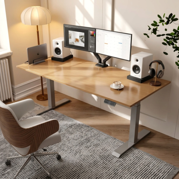 FlexispotE7 maple colr top and silver base table on a minimalist background. On the table there are two monitors on the monitor arms and couple of edifier MR4 Studio Monitors