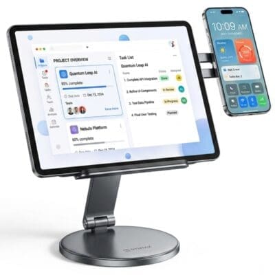 This image shows magnetic mobile phone holder and tablet stand with ventilation.
