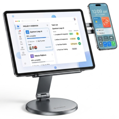 This image shows magnetic mobile phone holder and tablet stand with ventilation.