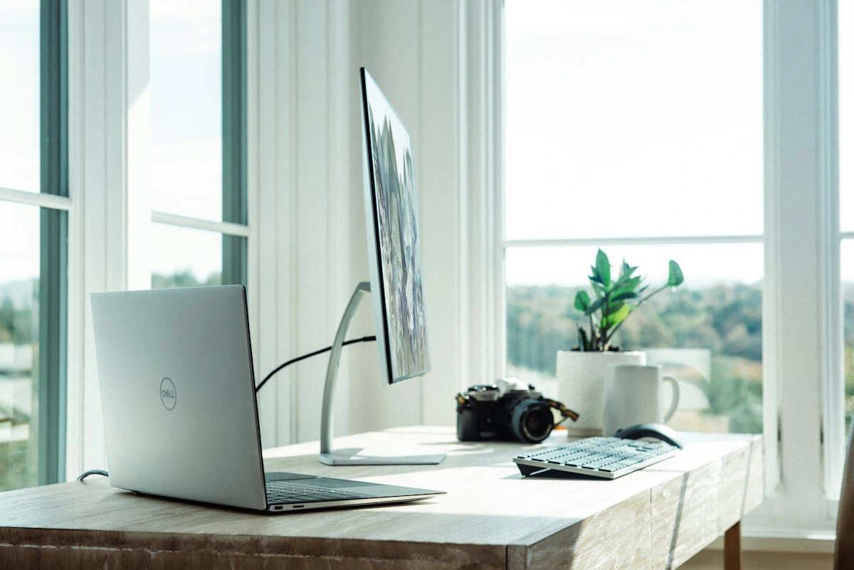 Clean desk setup with external monitor, laptop and indoor plants in a bright home office
